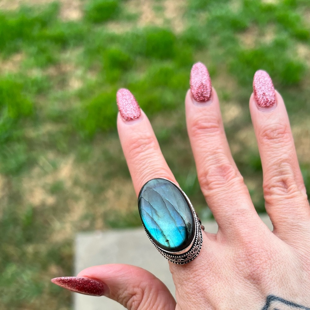 Large Blue Labradorite Statement Ring In Stamped … - image 6